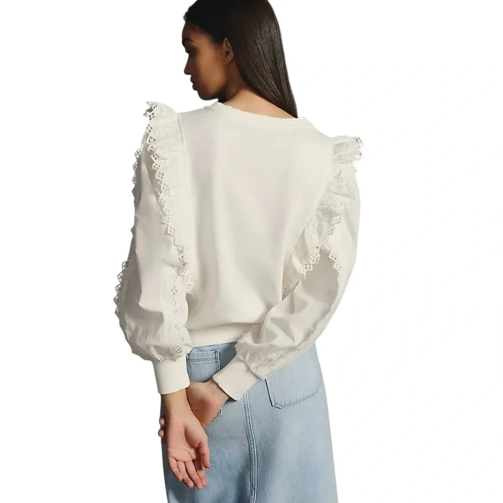 By Anthropologie White Ruffle Sleeve Top Sz M - Picture 5 of 13